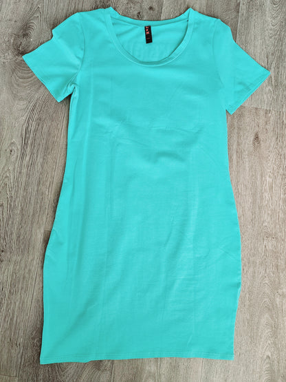 Petite Distressed Short Sleeve Mini Dress in Teal