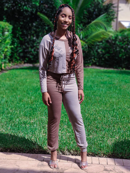 Long Sleeve Crop Top Jogger Pant Set in Mocha & Brown