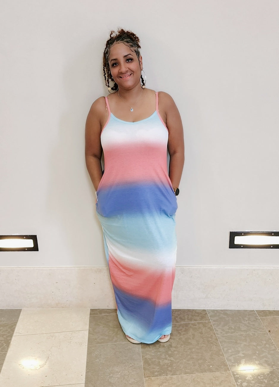 Ombre Sleeveless Maxi Dress with Pockets in Sea Blue