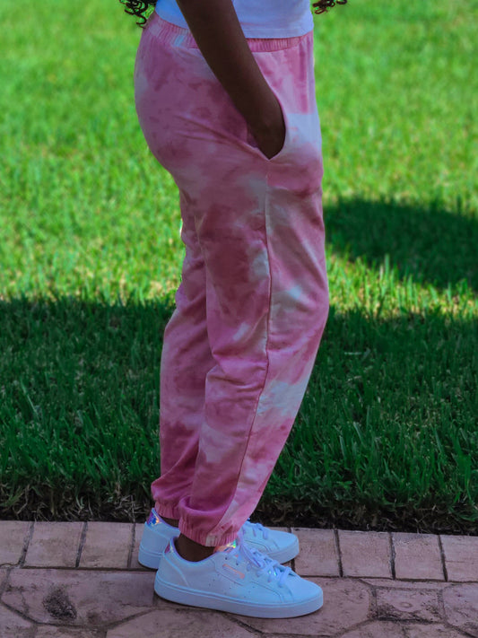 High Waisted Tie Dye Jogger Pants in Pink