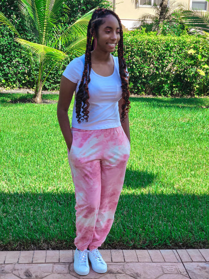 High Waisted Tie Dye Jogger Pants in Pink